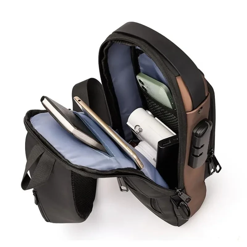 USB charging sport sling Anti-theft shoulder bag (brown shape )