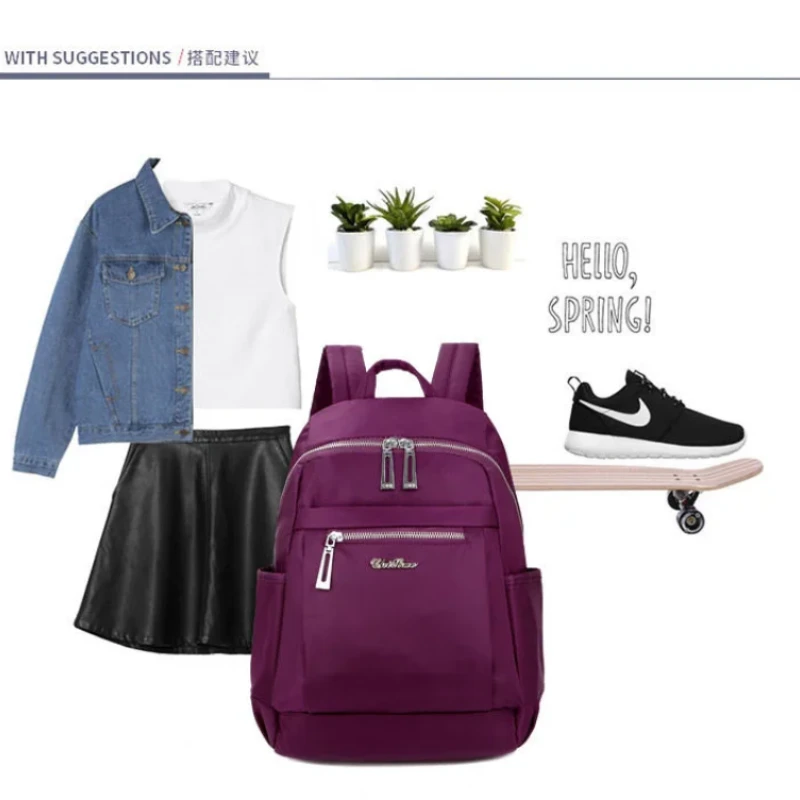 Nylon Backpack Durable Waterproof Casual Shoulder Bag (purple Color)