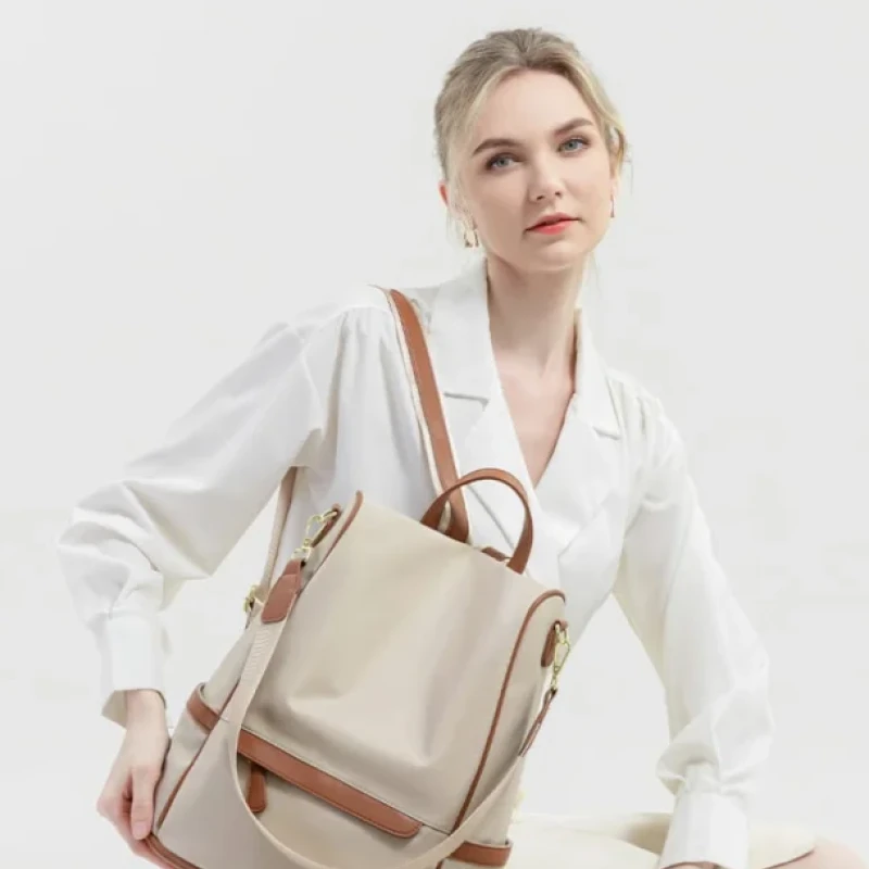 New Design Women Backpack Nylon Waterproof Anti-Theft Travel Bagpack(Apricot)